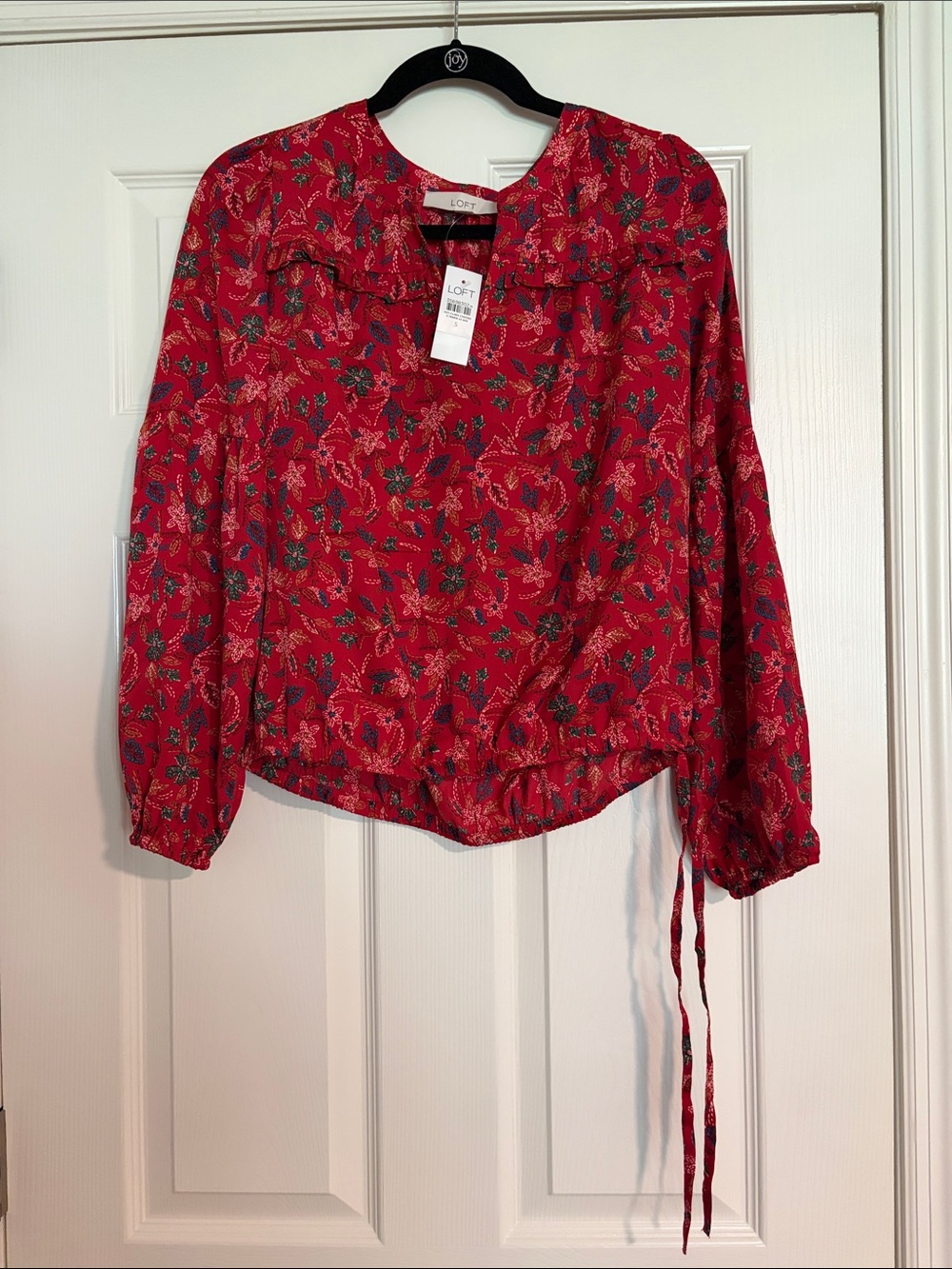 LOFT Red Floral Tie-Hem Long Sleeve Blouse